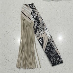 Black and Beige Patterned twilly with Fringe